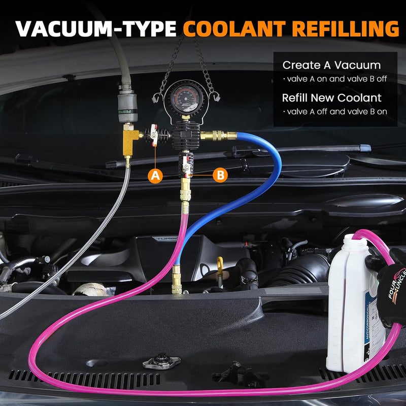 FOUR UNCLES Radiator & Coolant Pressure Tester and Vacuum Refill Kit - 28-Piece Universal Cooling System Leak Tester and Refiller for Cars Motorcycles Trucks (Black) - Image 5
